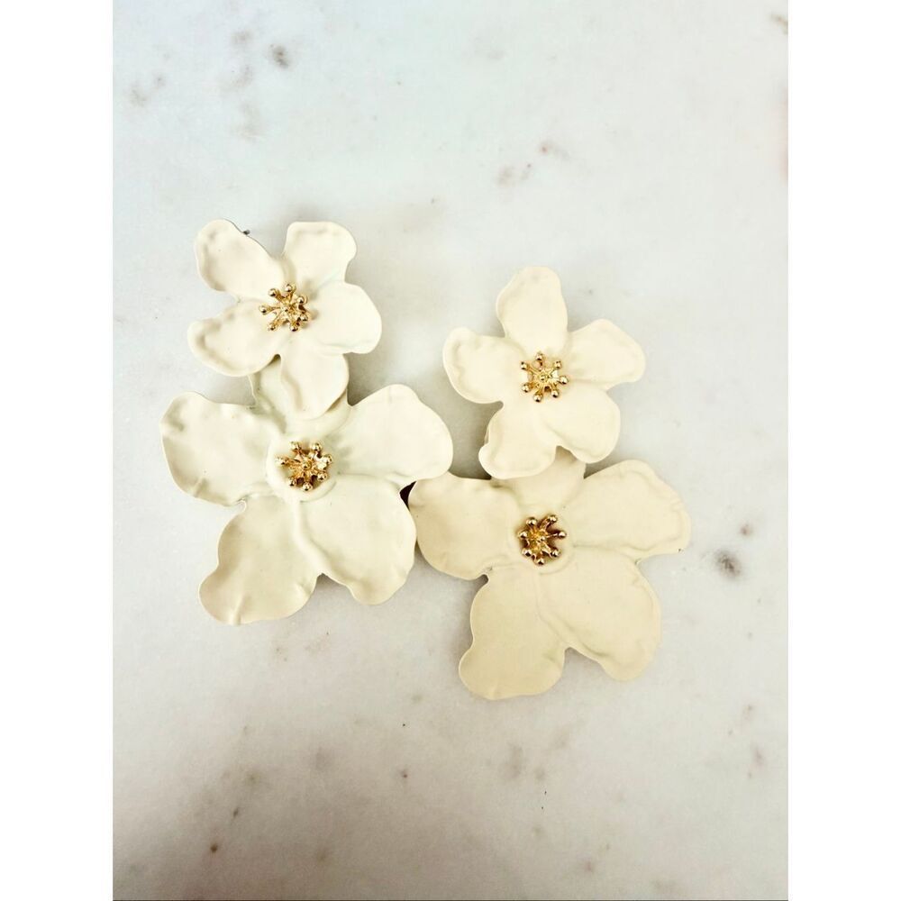 Cream Floral Statement Earrings Matte Ivory Flower Drop Earrings Gold Center Ove